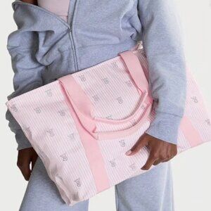 NWT Victoria's Secret Shine Large Striped Logo Tote Bag (Pink & White)